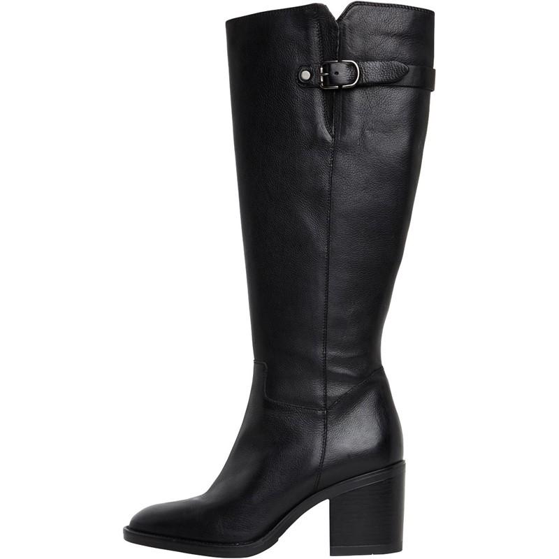 A single black leather knee-high boot with a block heel and a decorative buckle strap around the upper shaft, shown against a plain white background.