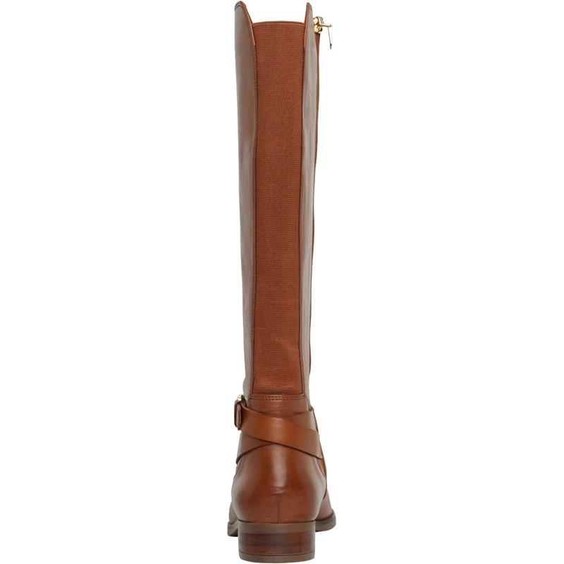 A tall brown leather knee-high boot shown from the back, featuring a side zipper and a decorative strap with a buckle near the heel, set against a plain white background.