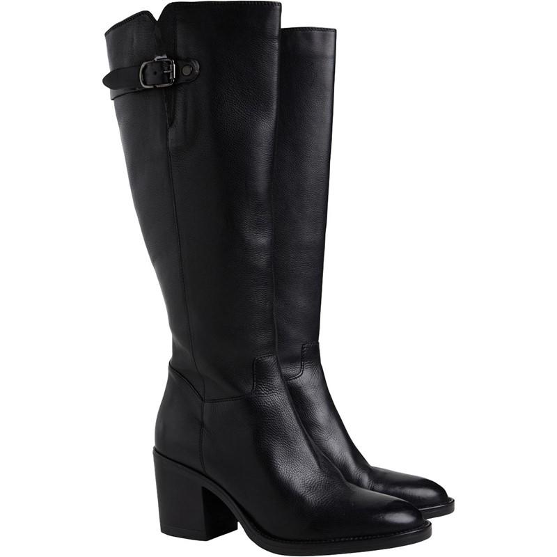 A pair of black leather knee-high riding boots with a block heel and a decorative buckle strap on the side, shown against a plain white background.