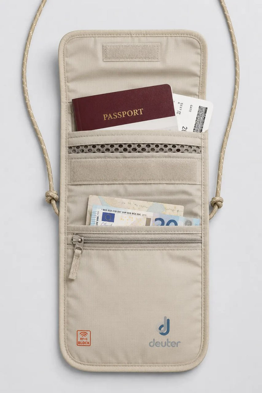 Beige travel wallet with passport and money on a light gray background