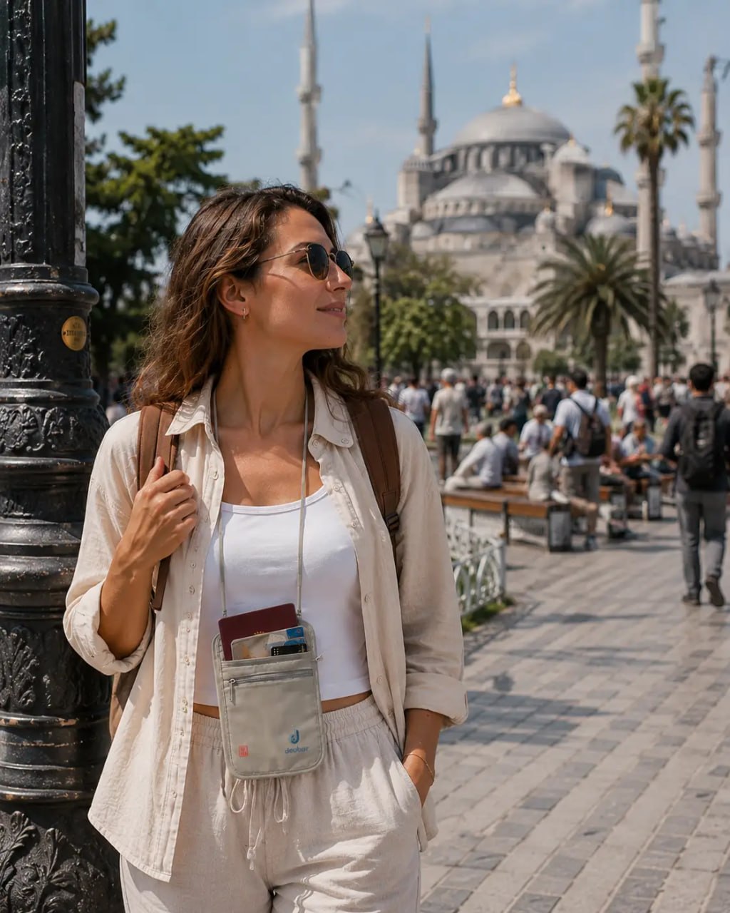 Woman standing on a street with a historical building in the background