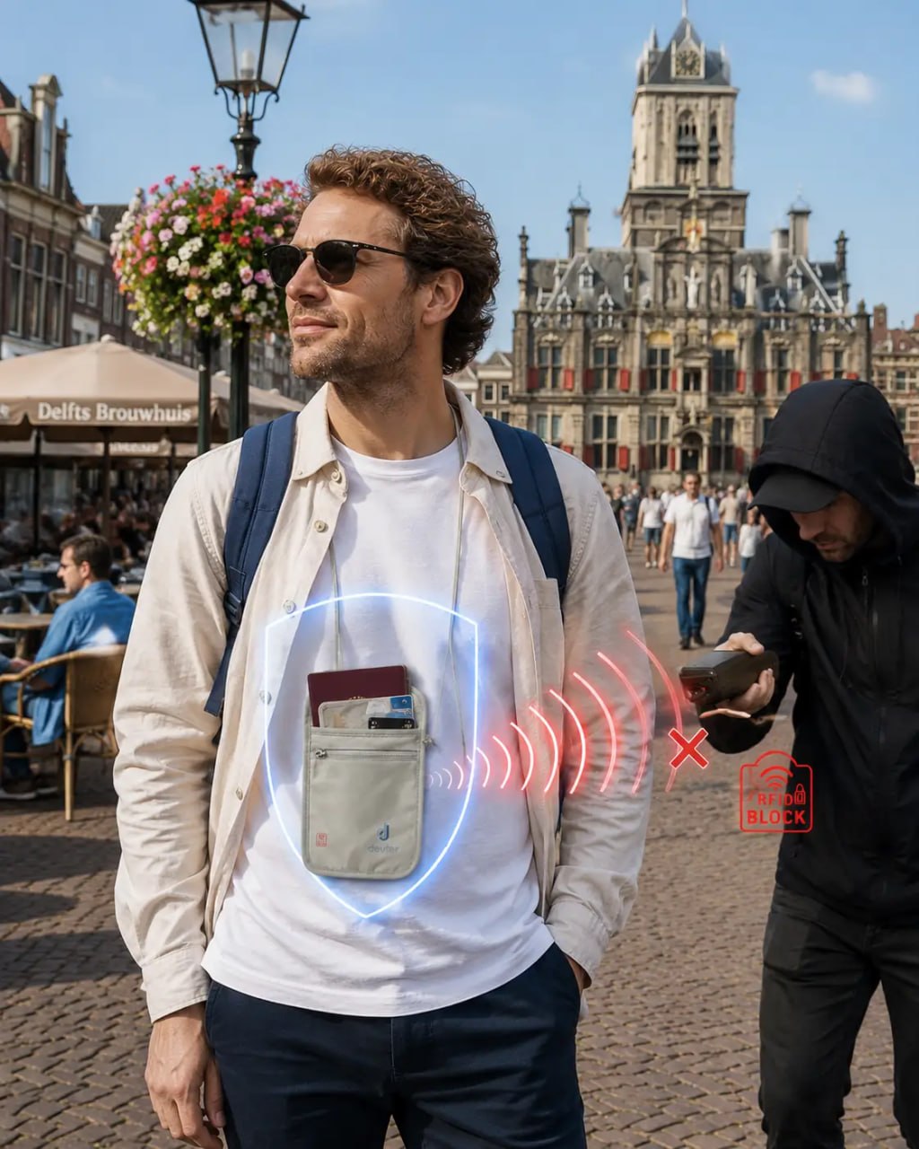 Man with a backpack and phone in a city square with a tower in the background