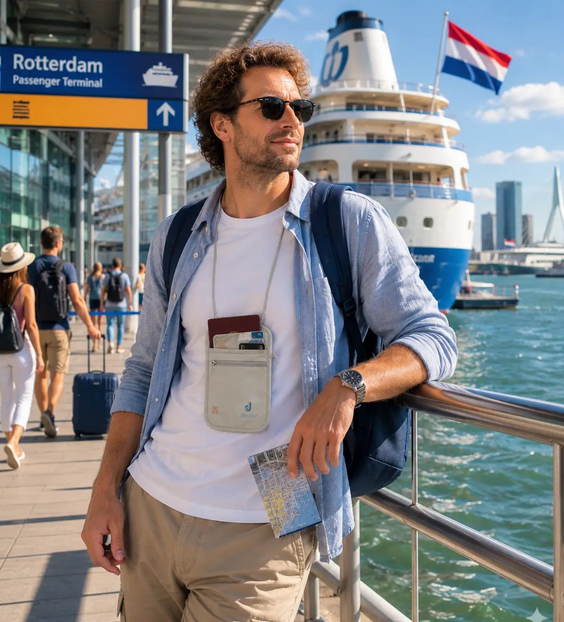 Man with sunglasses and a backpack standing at Rotterdam Passenger Terminal with a ferry in the background.