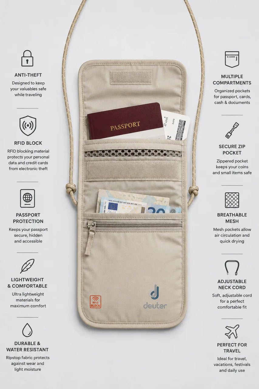 Travel wallet with compartments for documents and coins on a light gray background