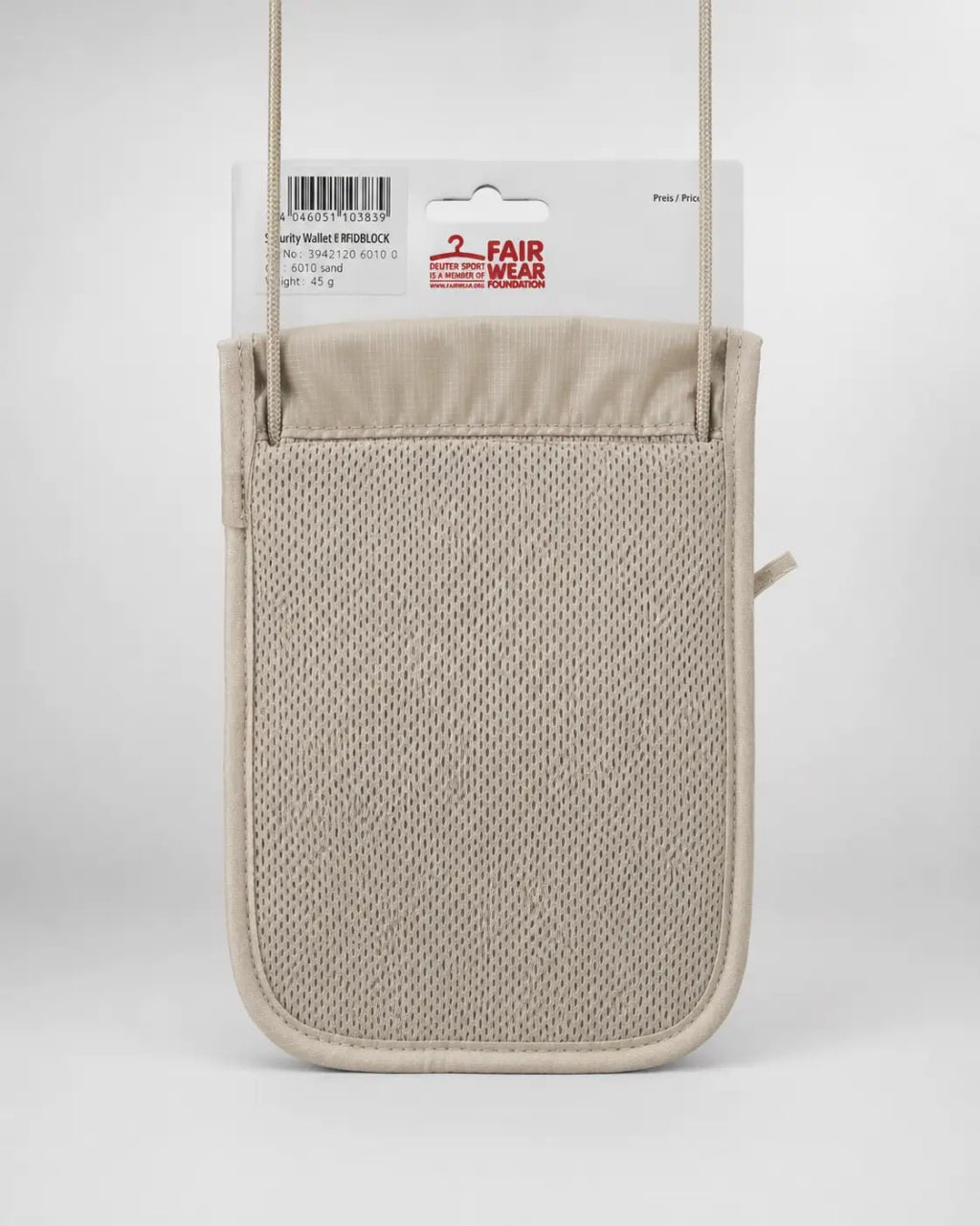 Beige mesh pouch with a visible brand label on a white background