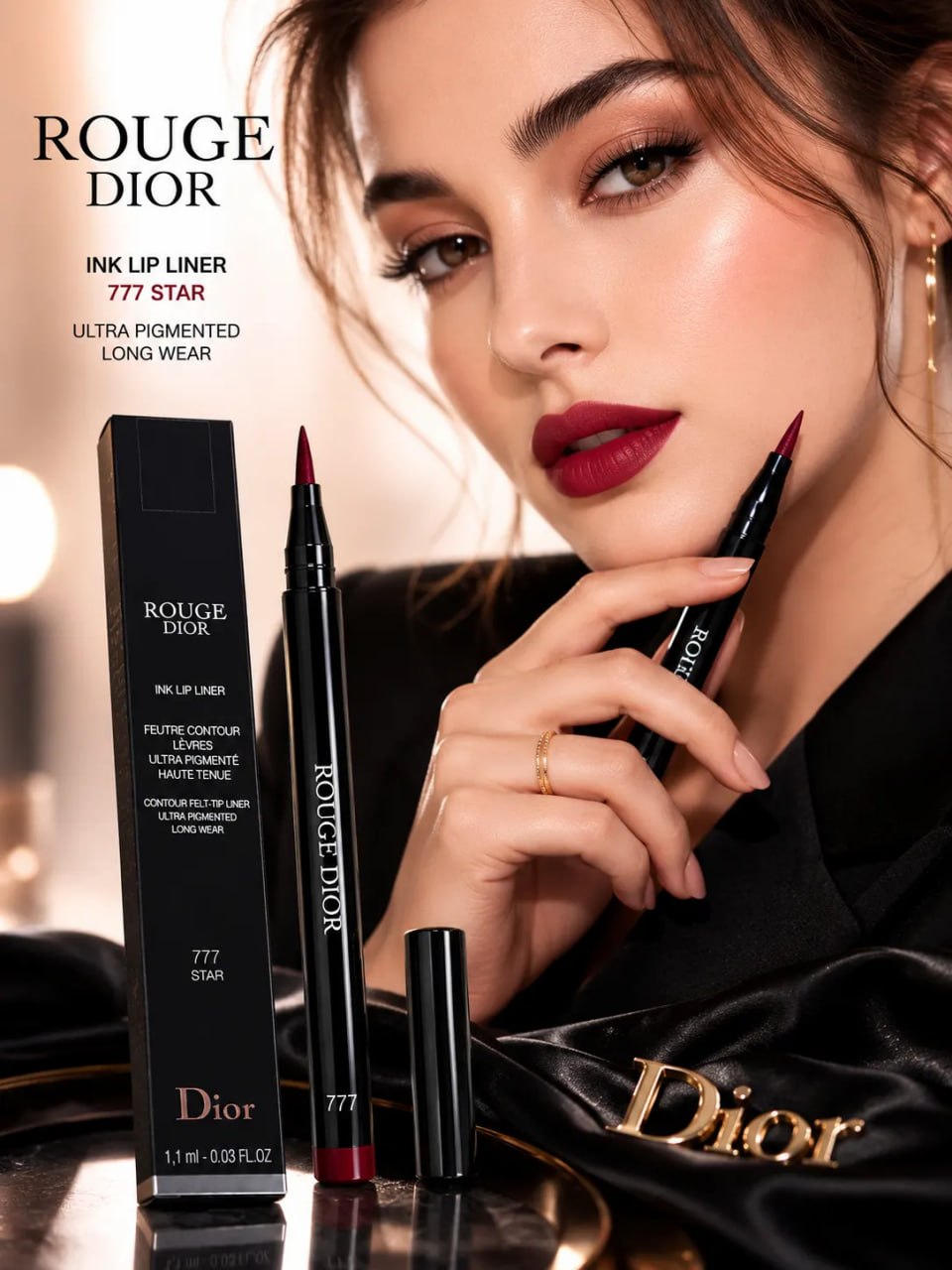 Dior lip liner with model wearing red lipstick, brand name visible