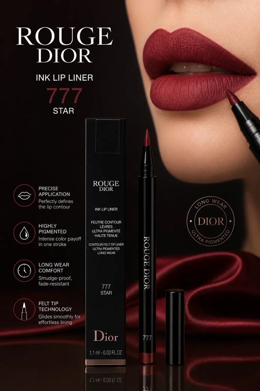 Dior Rouge Ink Lip Liner 777 Star with packaging and application tool on a dark background