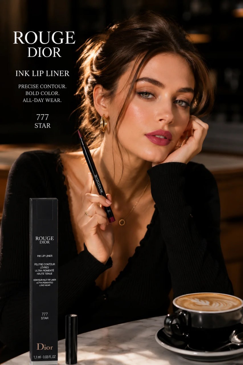 Woman holding a Dior lip liner with a coffee cup in the background
