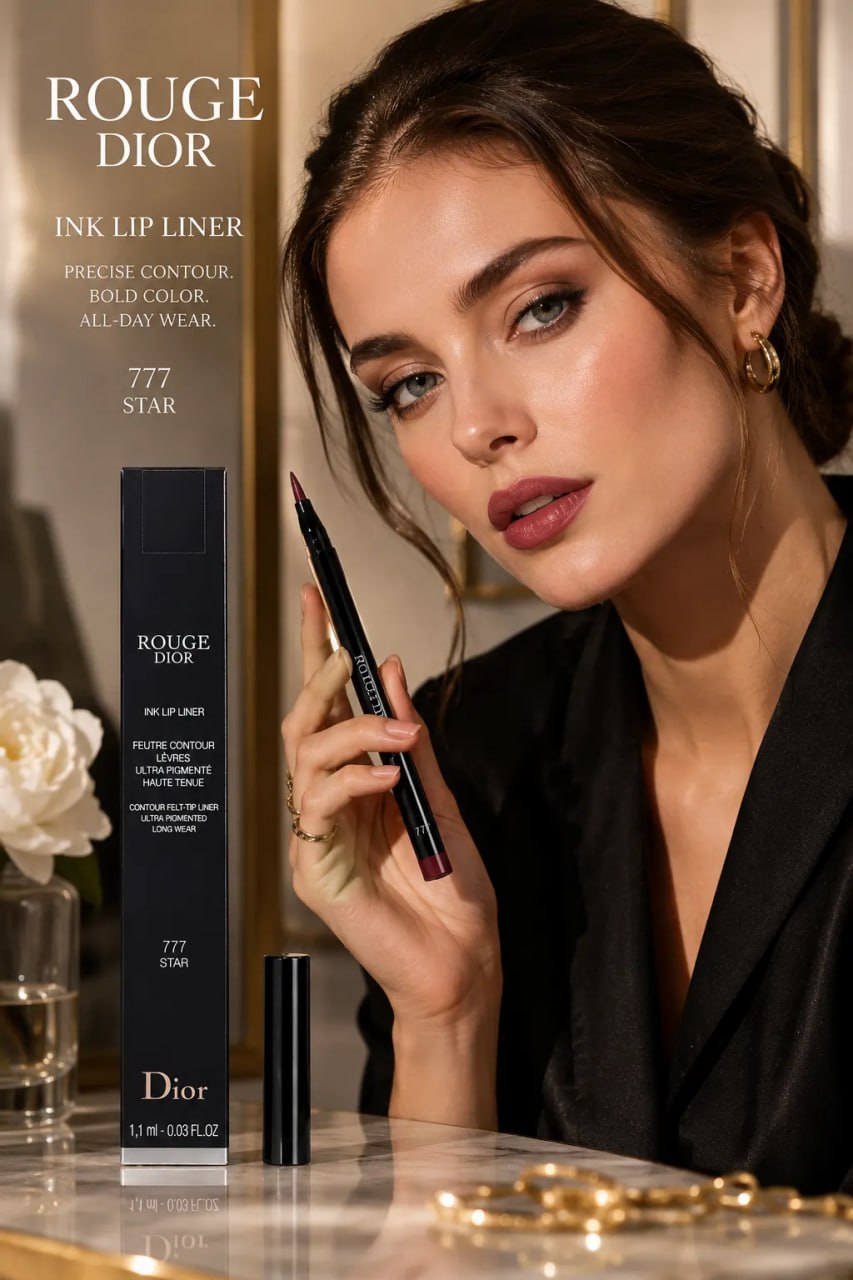 Model holding a Dior lip liner with product packaging and branding visible