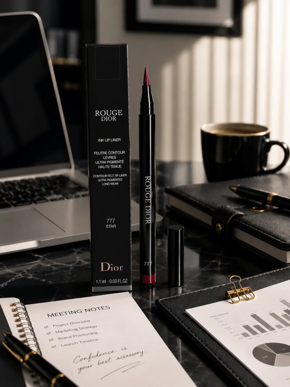 Dior lip liner and packaging on a desk with a laptop and coffee cup in the background