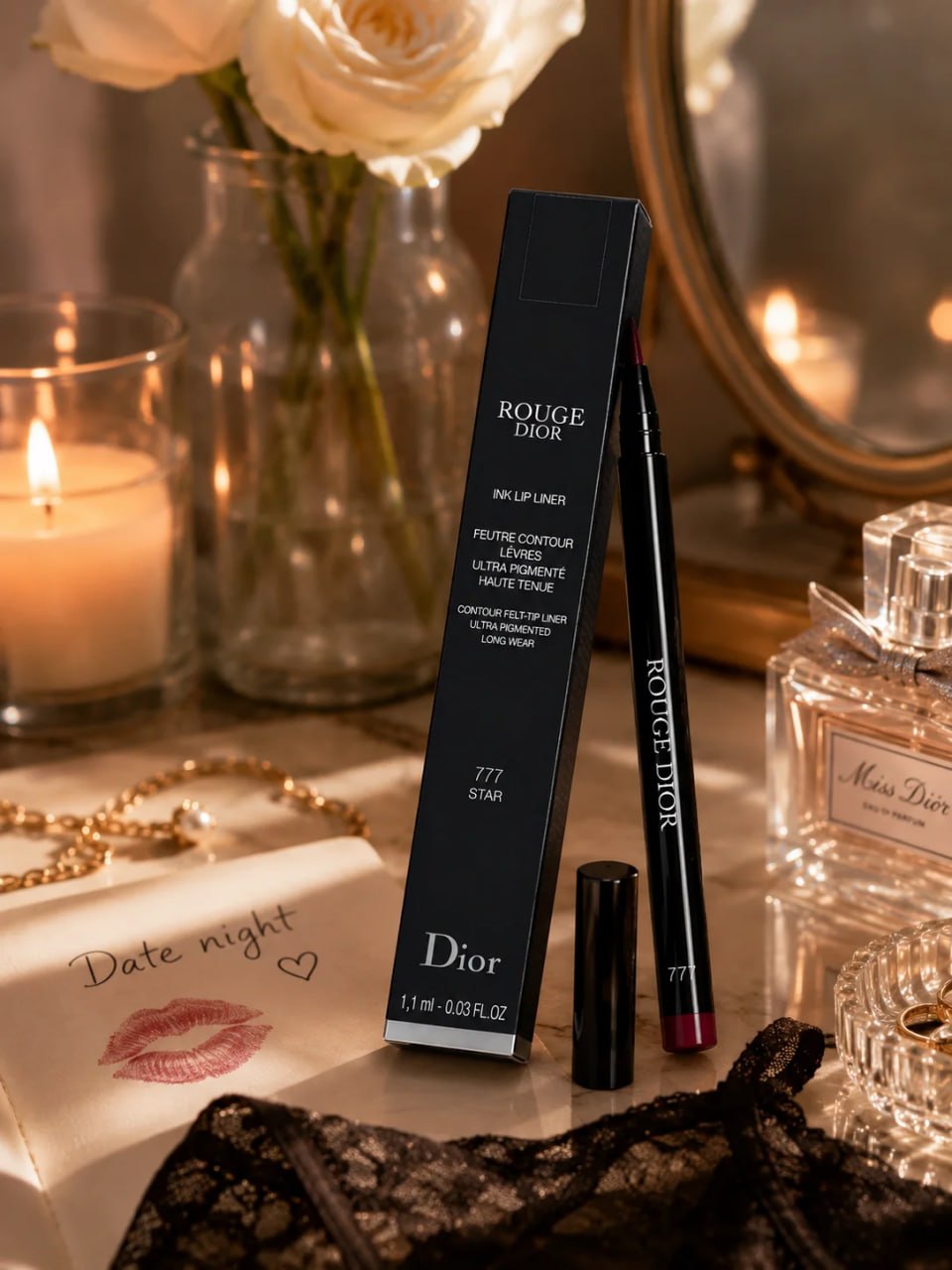 Dior lip products on a table with candles and flowers in the background