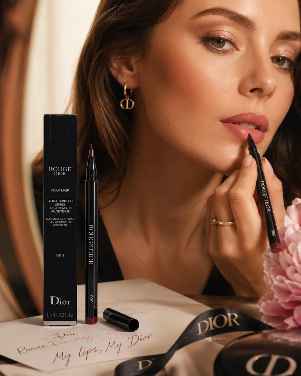 Woman applying lipstick with Dior makeup products on a table