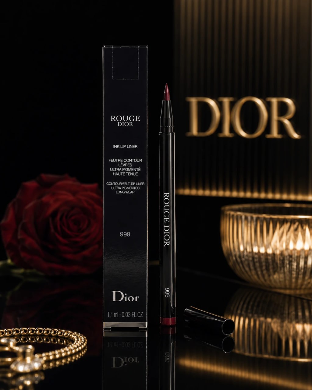 Dior lip liner with packaging on a reflective surface with 'Dior' branding in the background.