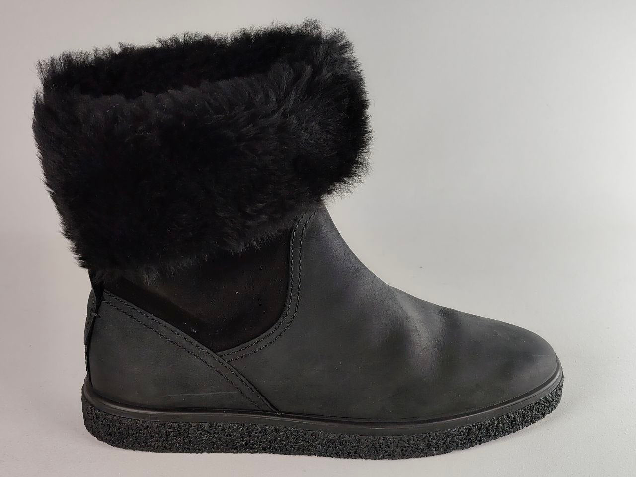 A black suede ankle boot with a fluffy black faux-fur trim around the collar, shown from a side profile against a light gray background.