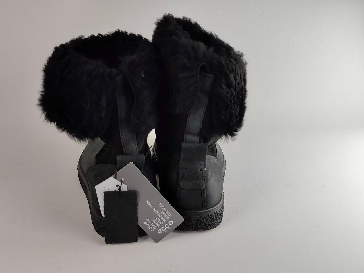A pair of black suede ankle boots with fluffy black faux-fur trim, shown from the back with their original tags attached, on a light gray background.