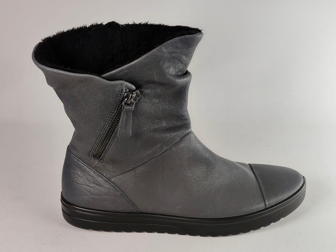 A dark gray leather ankle boot with a black faux-fur lining visible at the collar, a side zipper, and a black sole, shown against a light gray background.