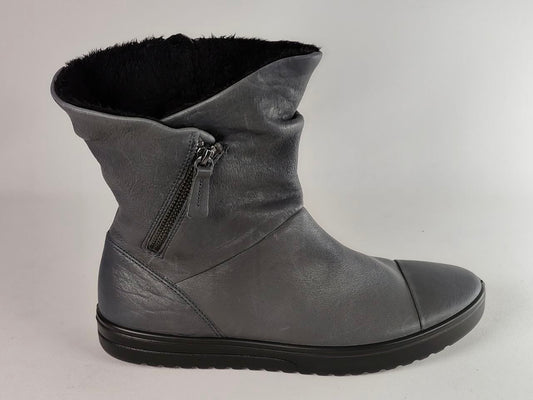 A dark gray leather ankle boot with a black faux-fur lining visible at the collar, a side zipper, and a black sole, shown against a light gray background.