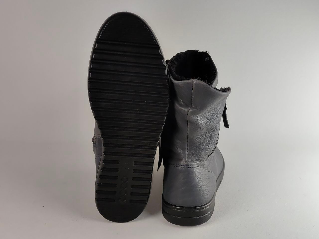 A pair of dark gray leather ankle boots with black soles, shown from the side and sole views against a light gray background.