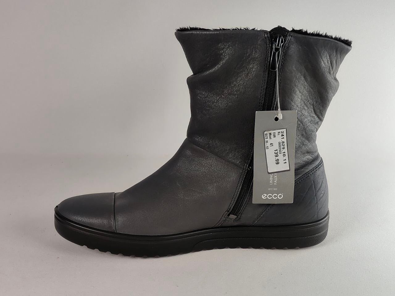 A single black leather mid-calf boot with a side zipper, black sole, and a hanging size tag, photographed against a light gray background.
