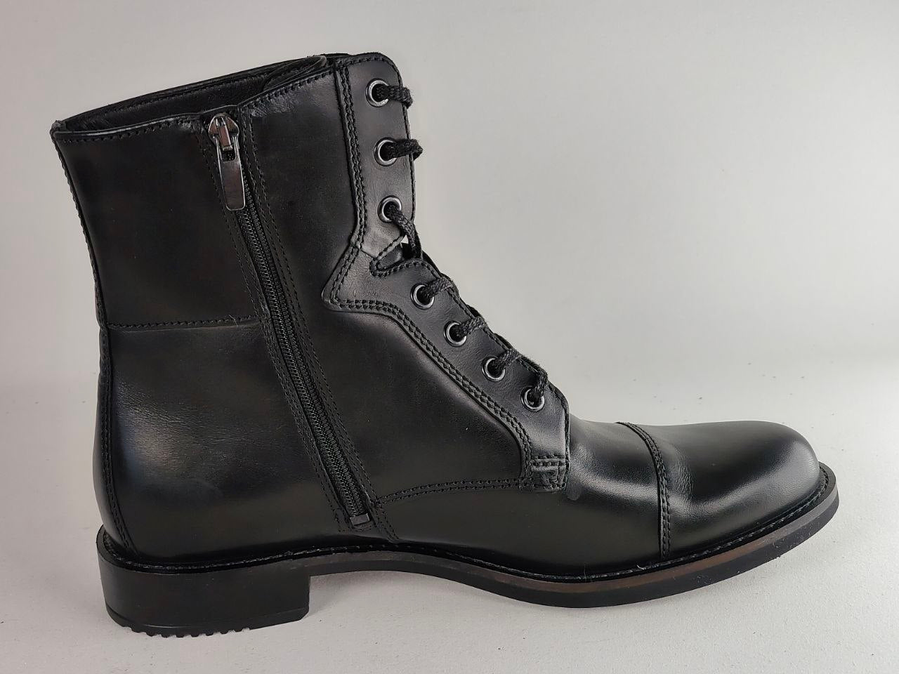 A black leather lace-up ankle boot with a side zipper, shown in a side profile view against a light gray background.
