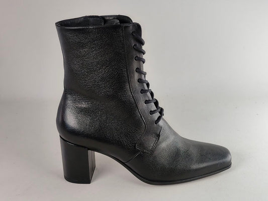 A black leather lace-up ankle boot with a block heel, shown from a side profile against a neutral light gray background.
