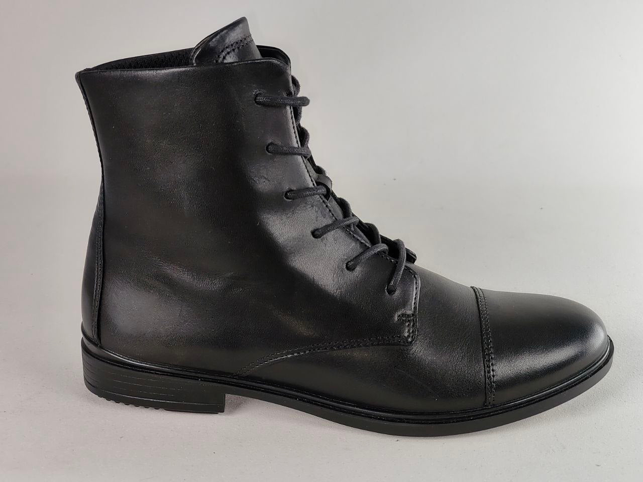 A single black leather lace-up ankle boot with a cap toe and low block heel, photographed against a light gray background.