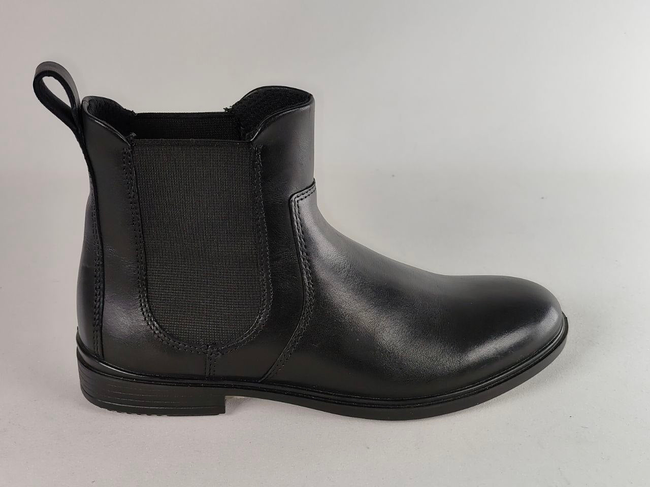 A single black leather Chelsea ankle boot with a black elastic side gore and pull tab, shown in profile against a light gray background.