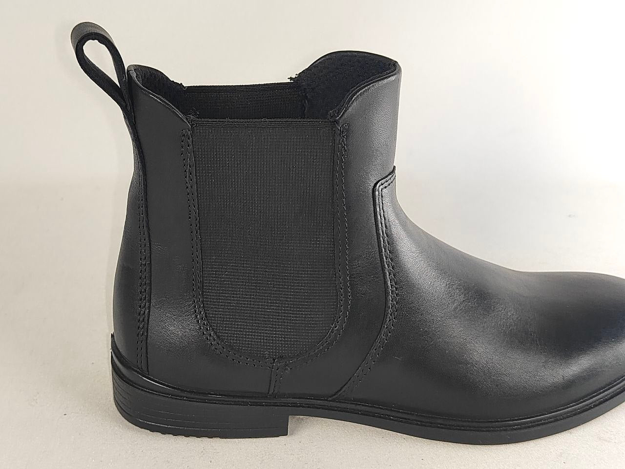 A black leather Chelsea-style ankle boot with a black elastic side gore and pull loop, shown from a side profile against a plain light background.