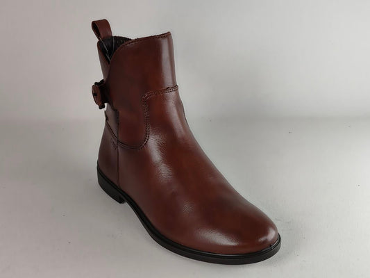 A single brown leather ankle boot with a side pull tab and elastic side gore, photographed on a neutral light gray background.