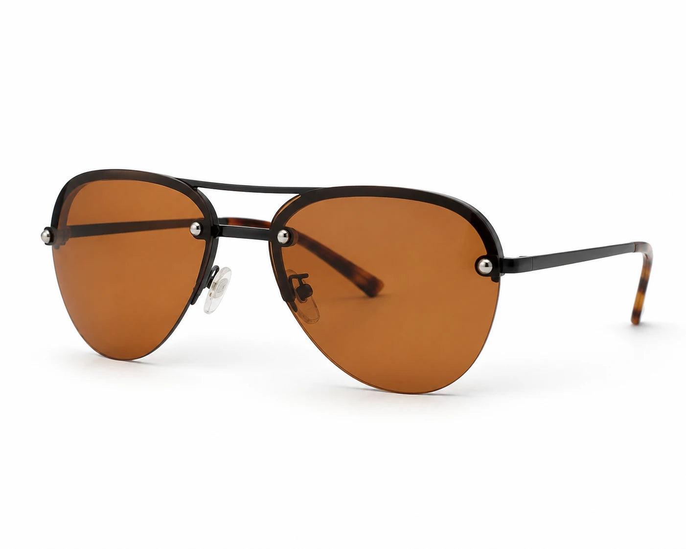A pair of aviator-style sunglasses with brown lenses and a thin black double bridge frame, shown on a plain white background.