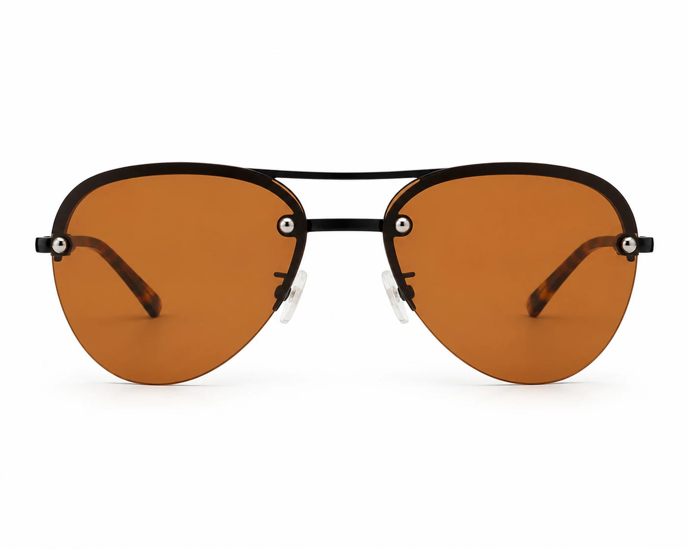 A pair of aviator-style sunglasses with a thin black metal frame and warm amber-brown tinted lenses, shown against a plain white background.