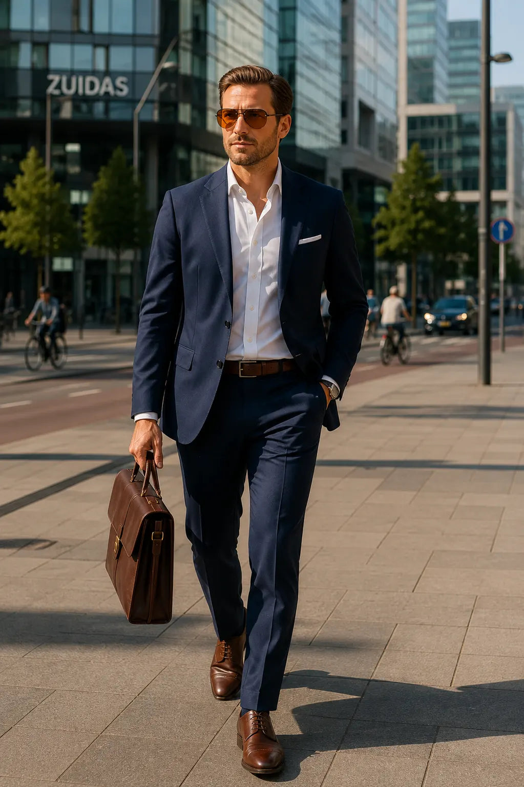 A man in a navy blue suit, white dress shirt, and brown leather briefcase walks on a city sidewalk in front of modern glass office buildings.