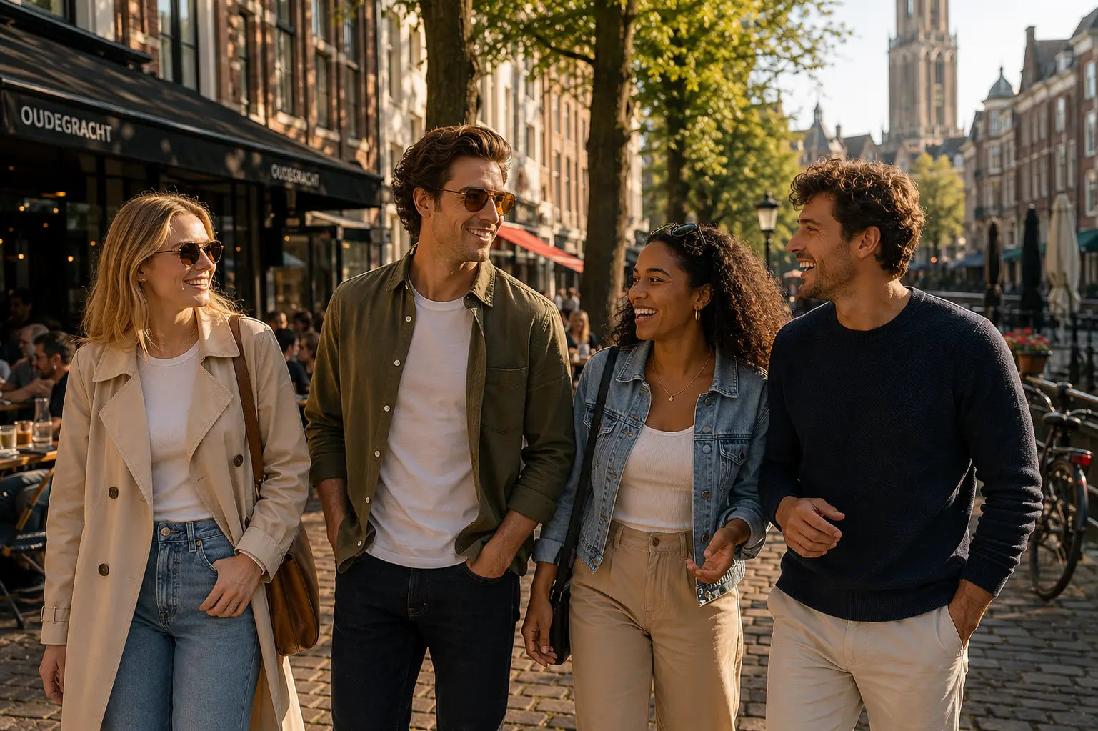 Four friends walking and laughing on a sunny city street lined with trees and historic buildings. They are dressed in casual, stylish outfits including jackets, t-shirts, jeans, and trousers.