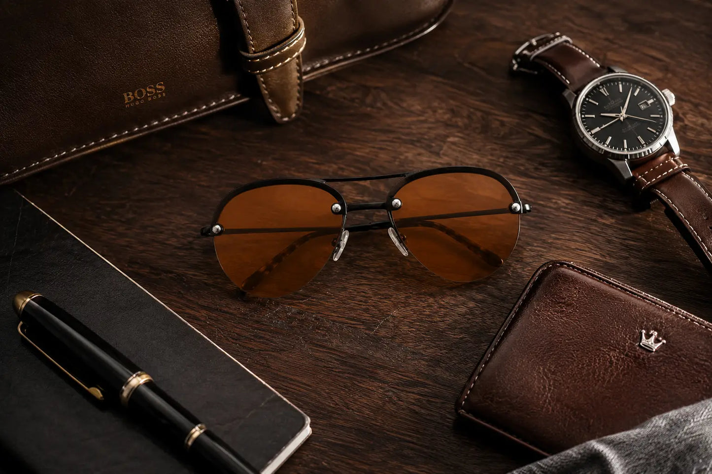 A styled flat-lay of a pair of aviator sunglasses with amber-tinted lenses and black metal frames, surrounded by a brown leather watch, wallet, notebook, pen, and a brown BOSS belt on a dark wood background.