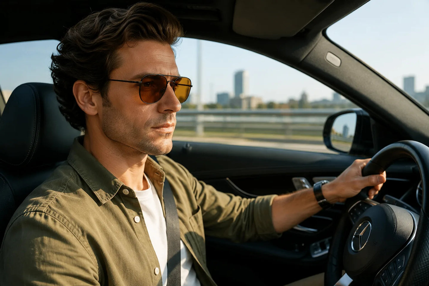 A man wearing gold-tinted aviator sunglasses and an olive green button-up shirt driving a car, with a blurred city skyline visible through the window.