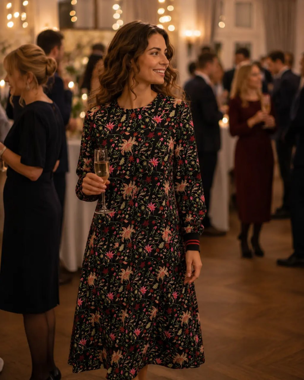 Woman in a floral dress holding a glass of champagne at a social event.