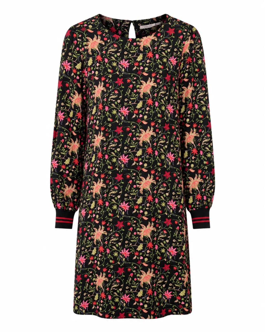Long-sleeve dress with floral and deer pattern on a black background