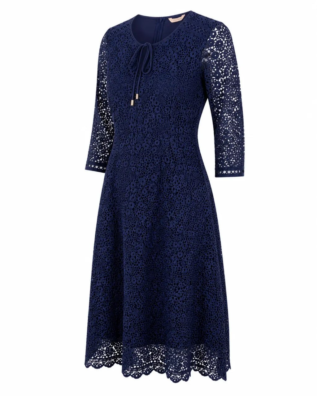 Navy lace dress with sequin sleeves on a white background