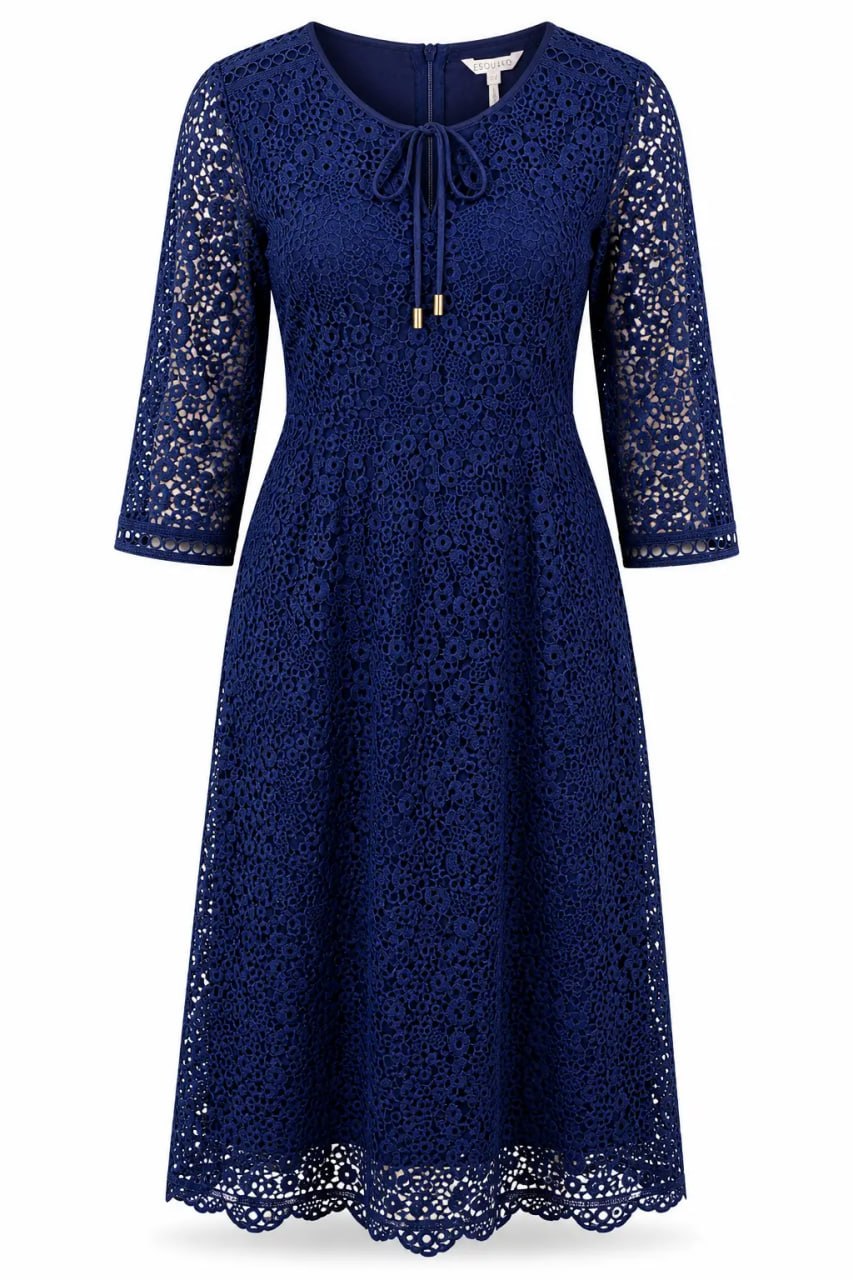 Navy lace dress with 3/4 sleeves on a white background