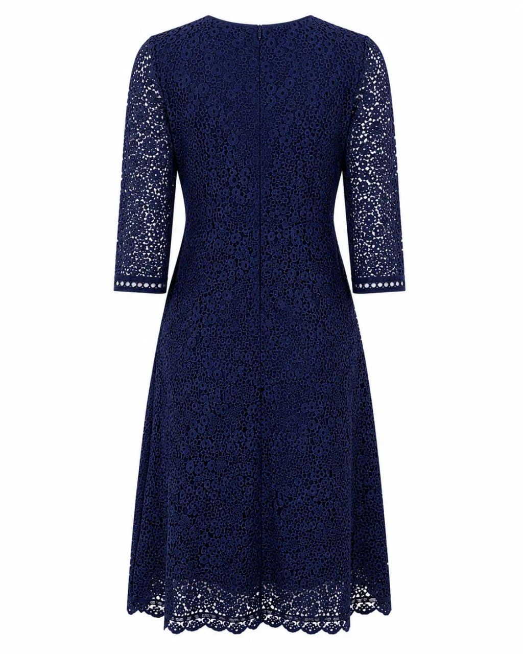 Navy lace dress with quarter-length sleeves on a white background