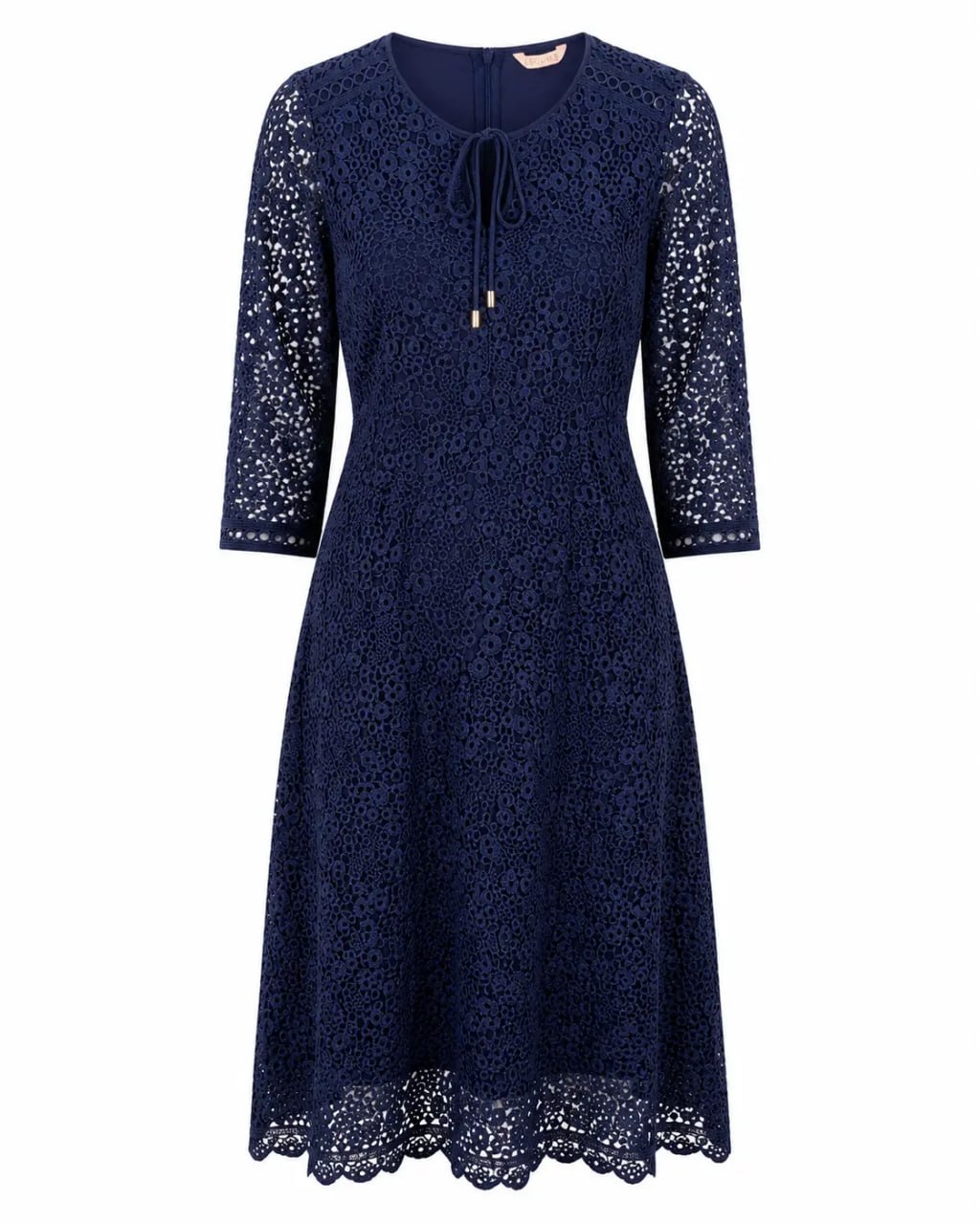 Navy lace dress with quarter-length sleeves on a white background