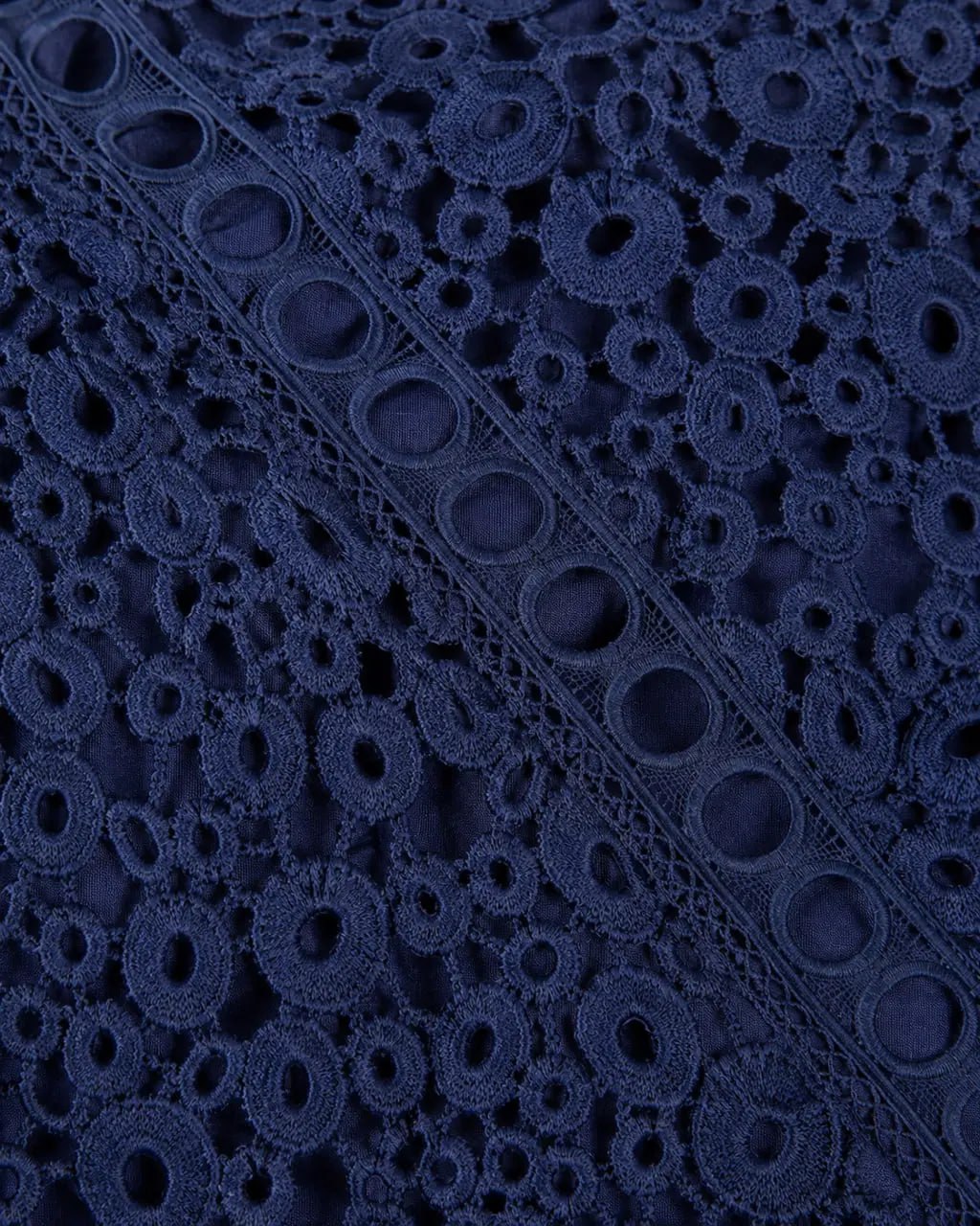 Close-up of dark blue lace fabric with intricate patterns