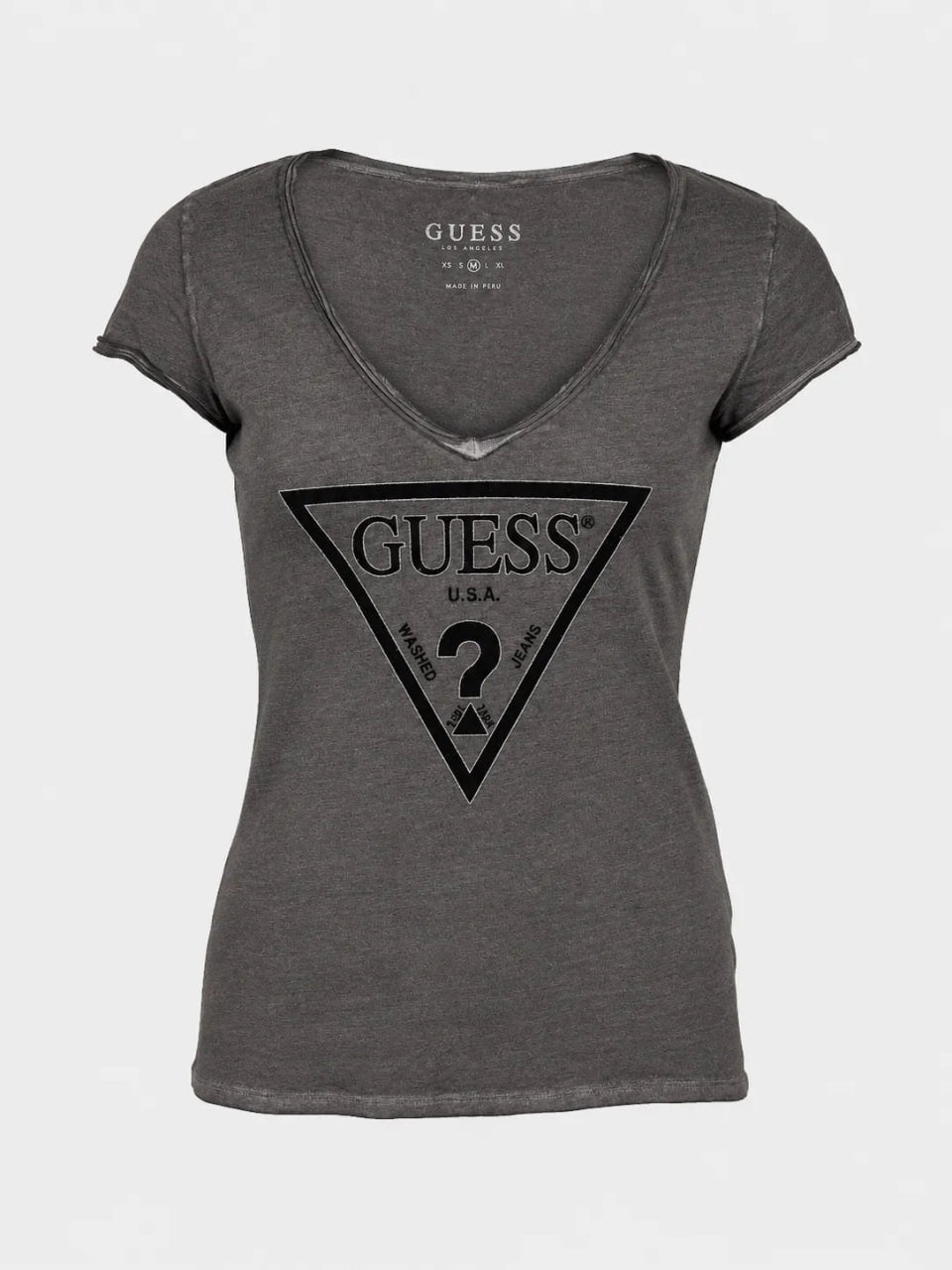 Gray t-shirt with Guess logo on a white background