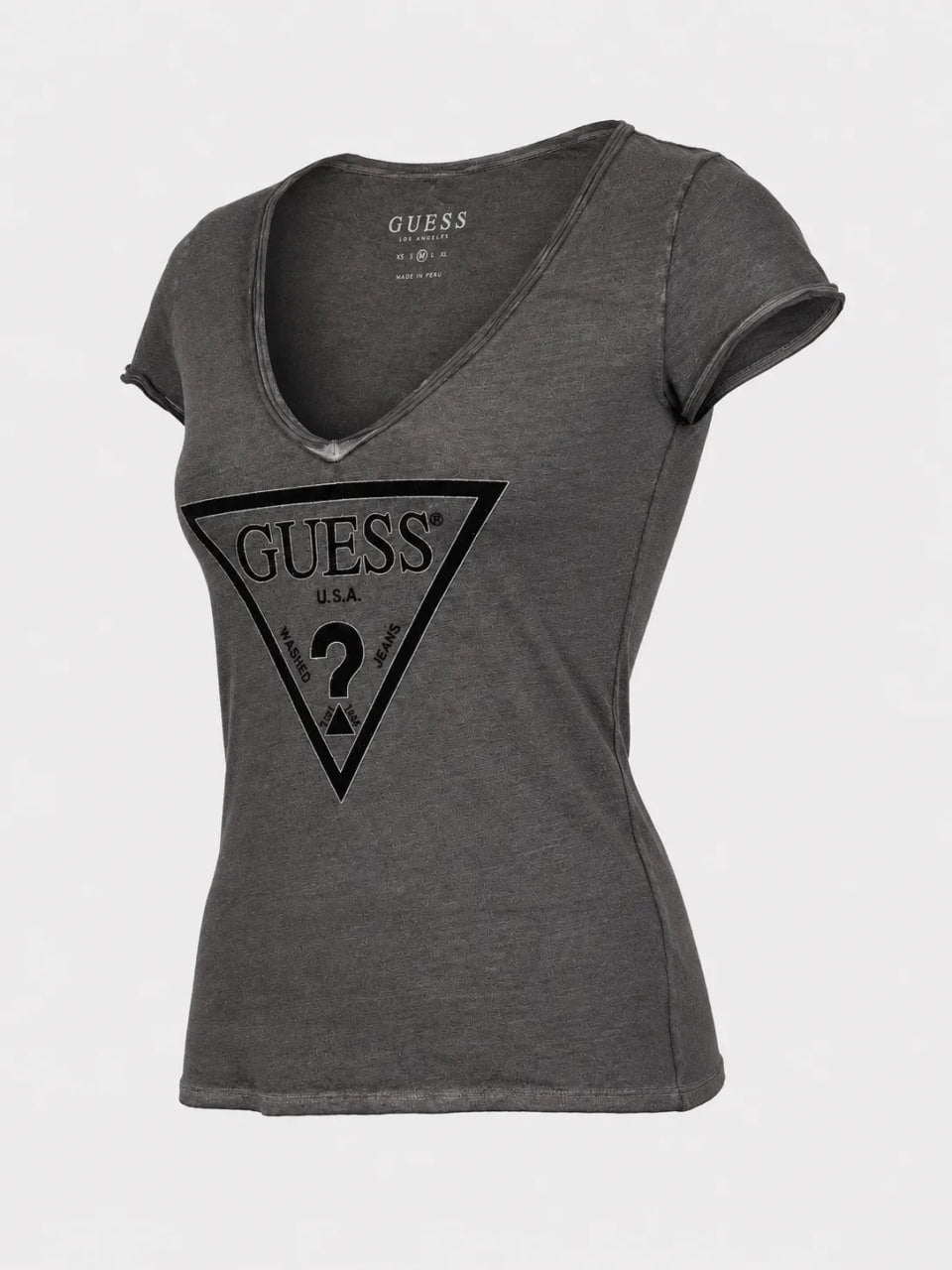 Gray t-shirt with Guess logo on a white background
