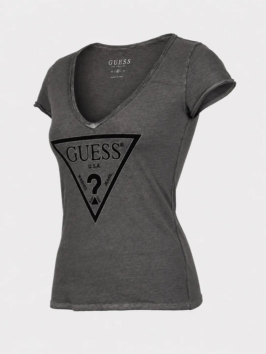 Gray t-shirt with Guess logo on a white background