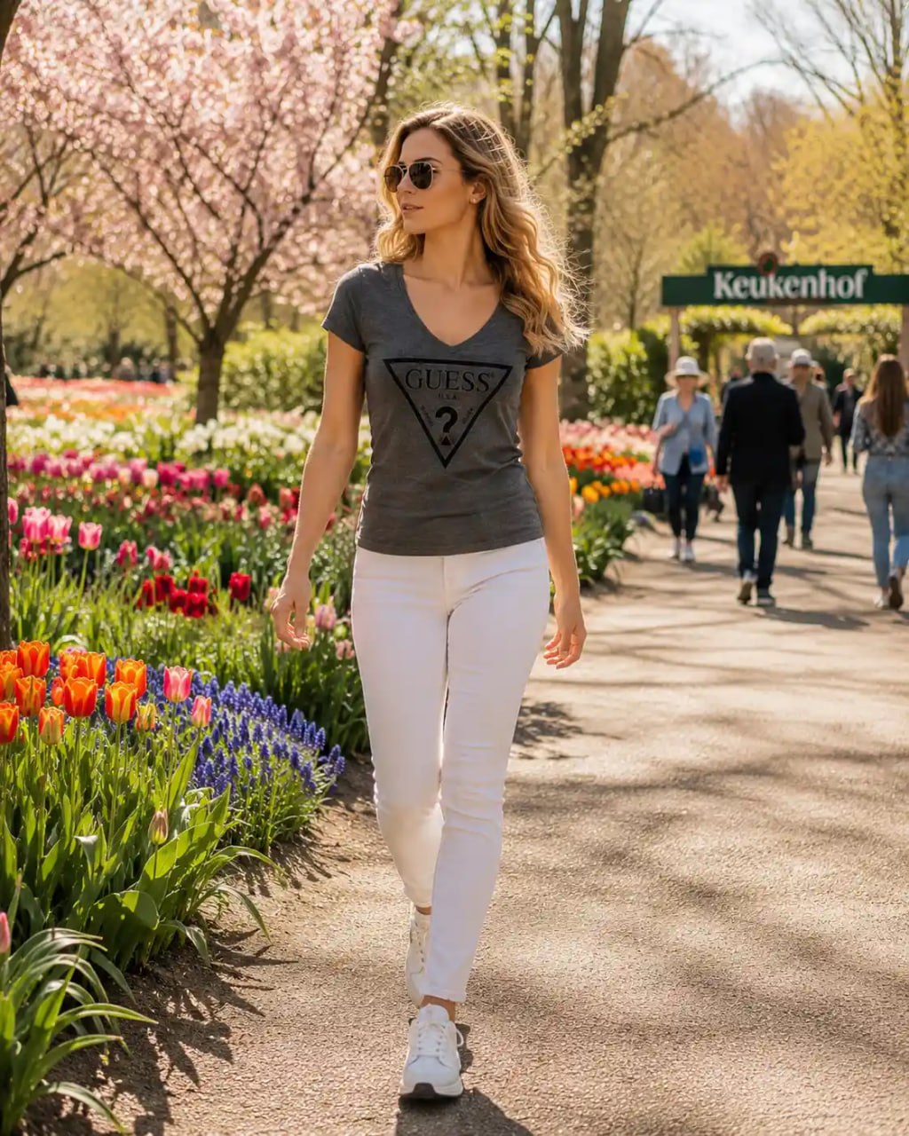 Woman walking through a garden with tulips and cherry blossoms, wearing a Guess t-shirt.