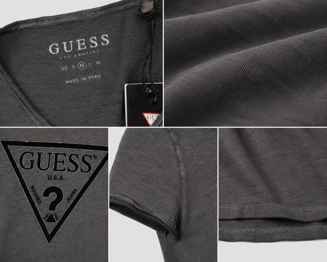 Collage of a gray t-shirt with Guess branding, including logo and text.