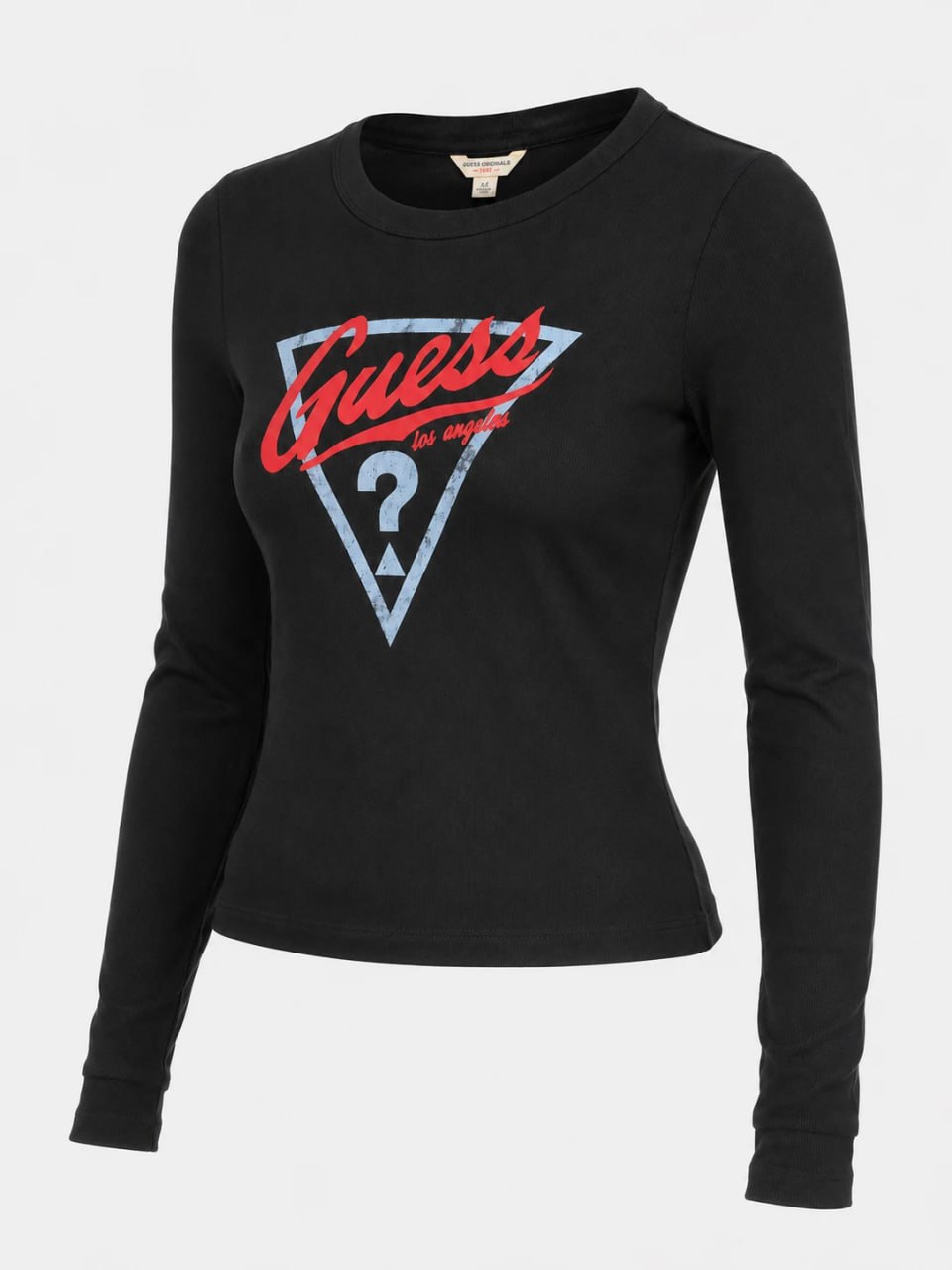 Black long-sleeve shirt with Guess logo on a white background