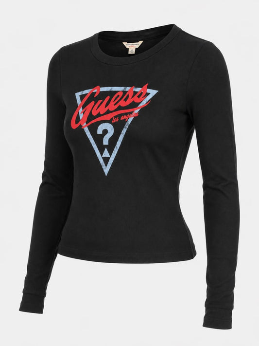 Black long-sleeve shirt with Guess logo on a white background