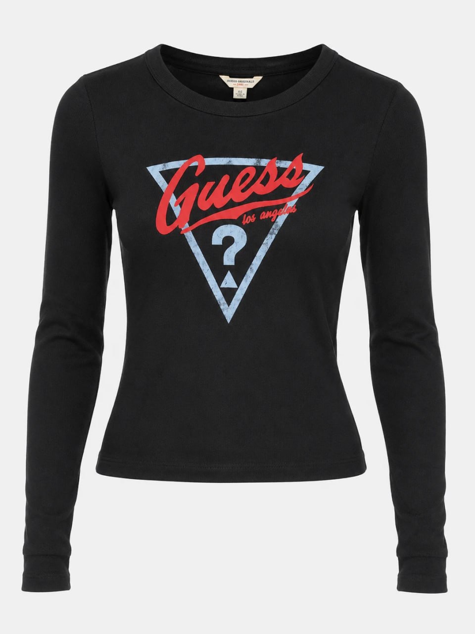 Black long-sleeve shirt with Guess logo on a white background